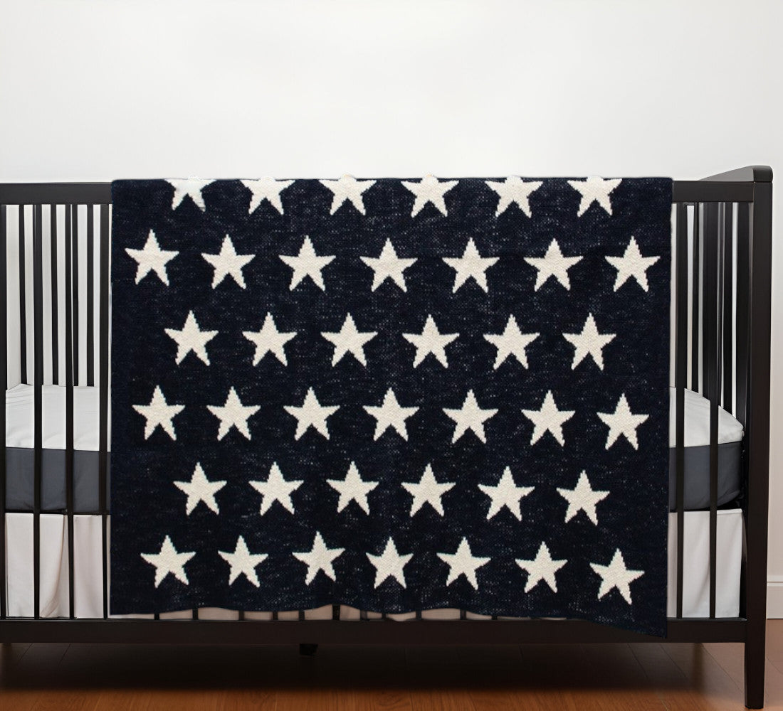 Navy Blue And White Stars Knitted Baby Blanket-1