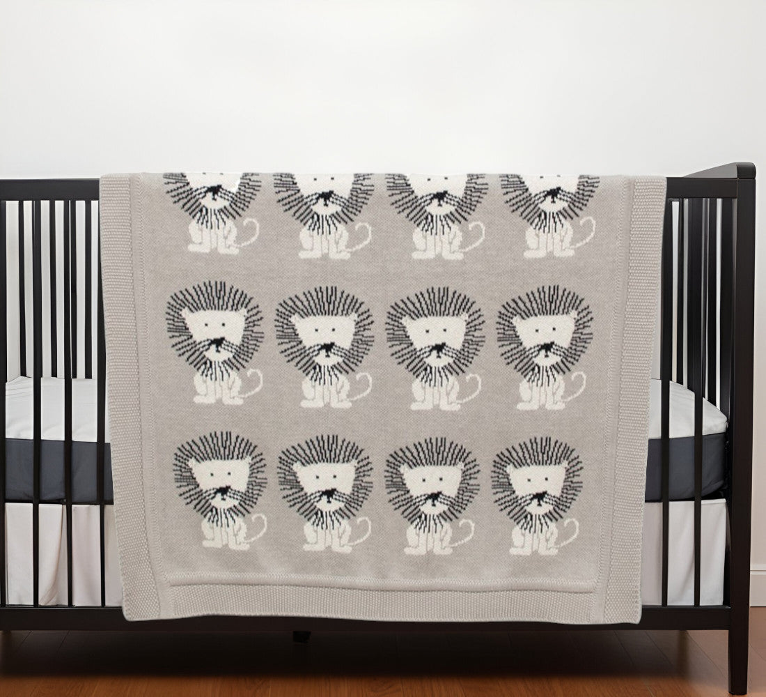 Grey Lots Of Lions Woven Knitted Baby Blanket-1
