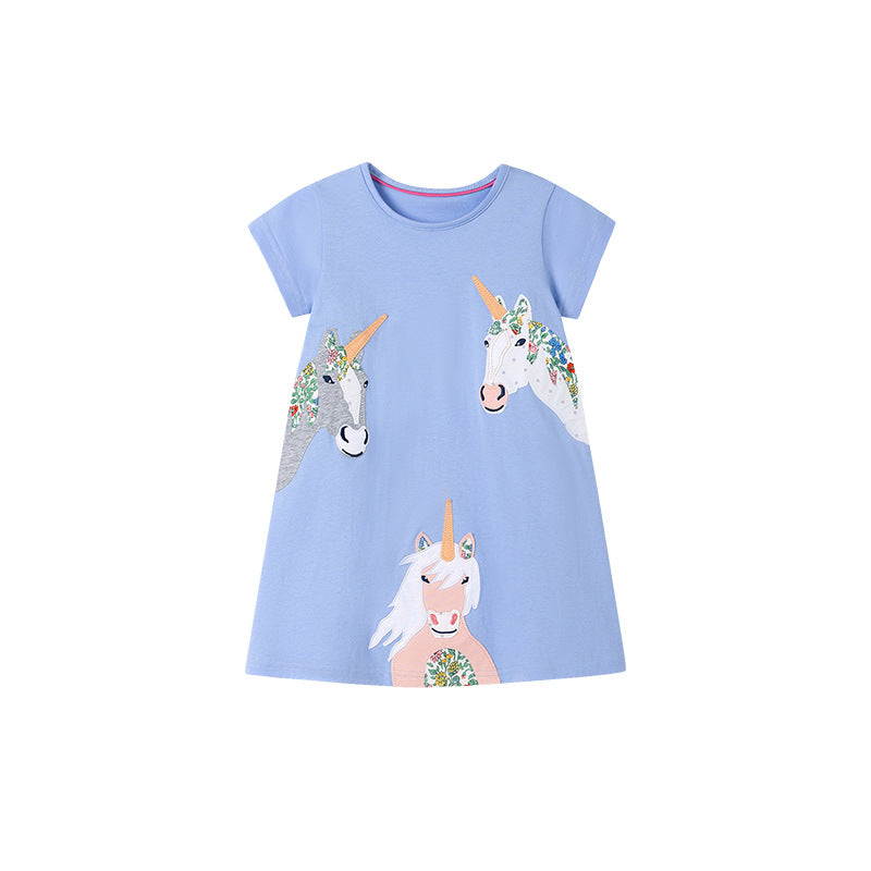 Summer Arrival Unicorn Cartoon Pattern Short Sleeves Dress for Stylish Girls-4