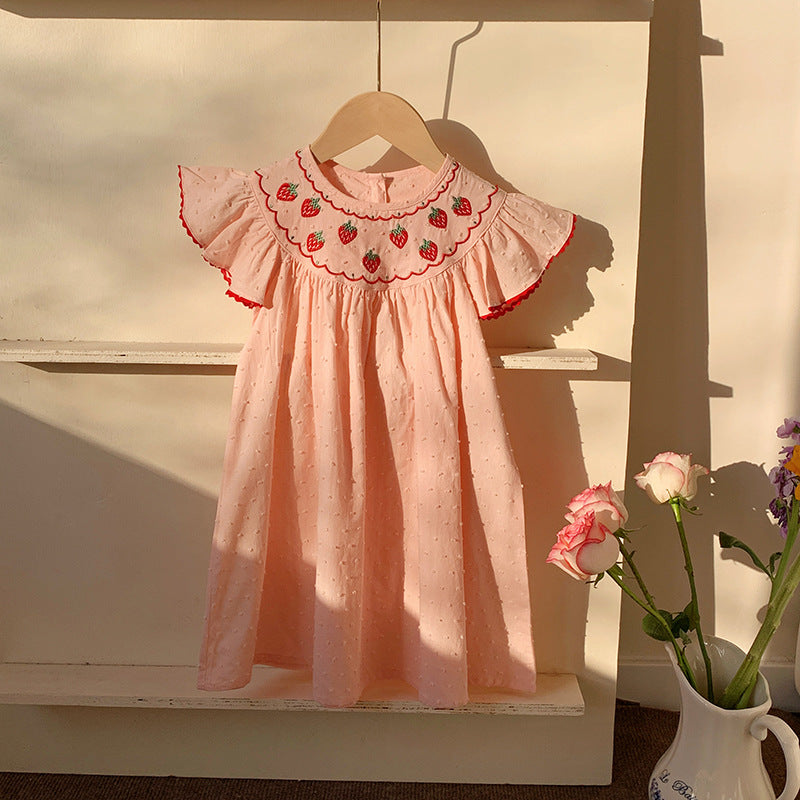Summer Arrival Baby Kids Girls Cute Fly Sleeves Strawberry Pattern Embroidered Dress-1