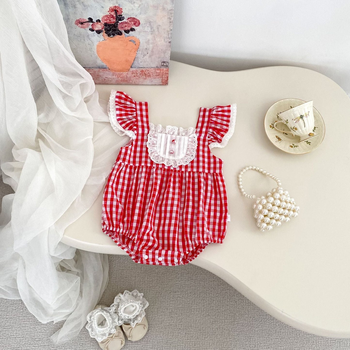 Summer Arrival Baby Girls Fly Sleeves Thin Plaid Pattern Strap Onesies-2