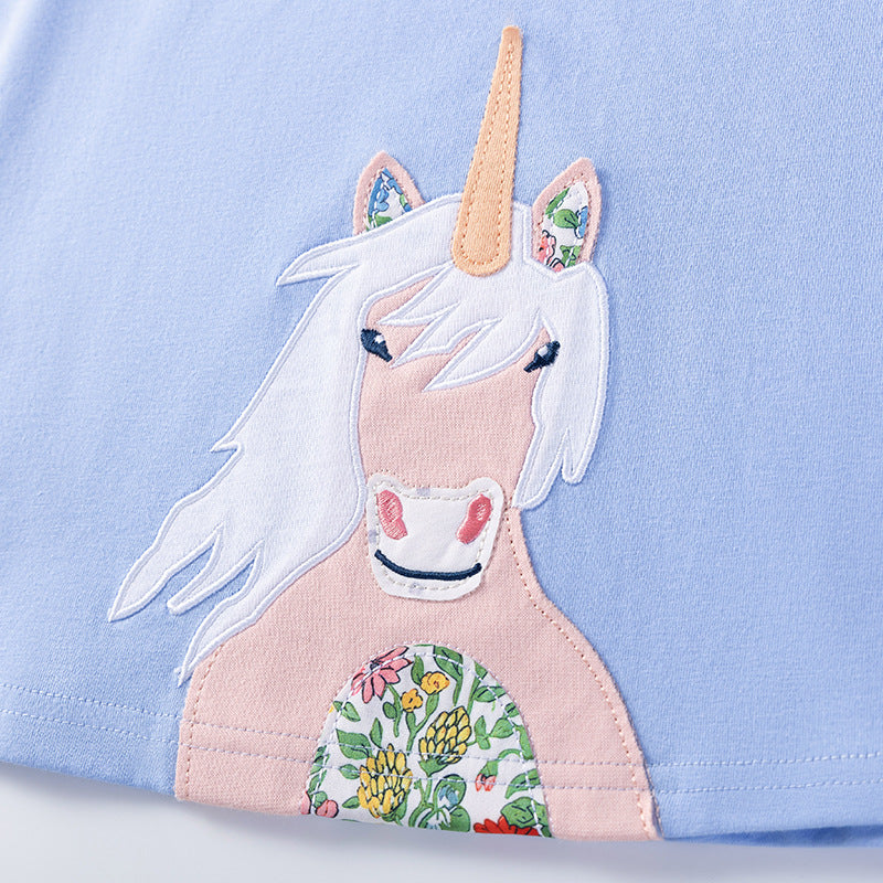 Summer Arrival Unicorn Cartoon Pattern Short Sleeves Dress for Stylish Girls-1