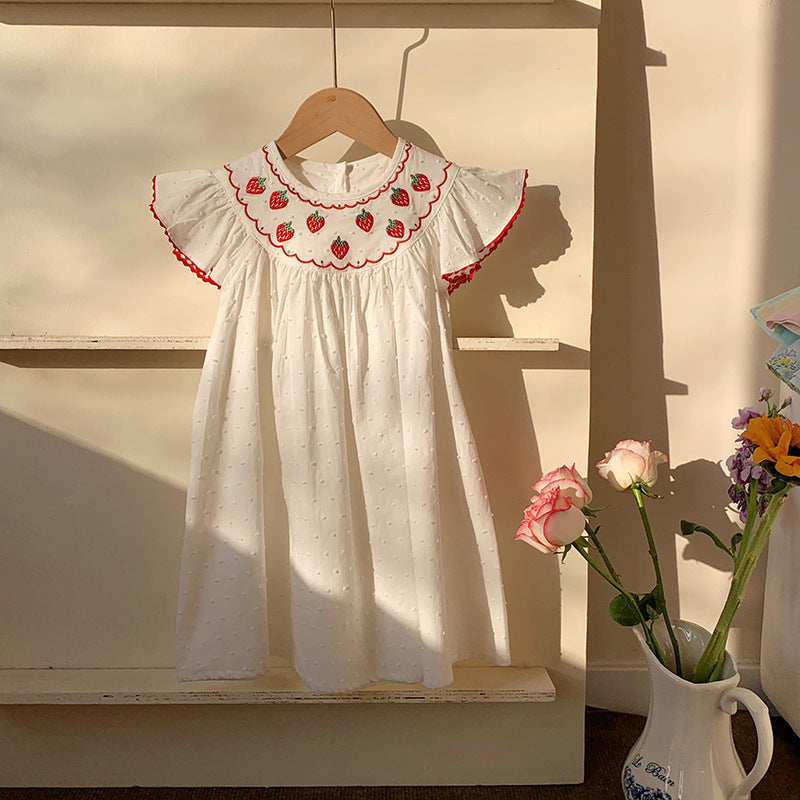 Summer Arrival Baby Kids Girls Cute Fly Sleeves Strawberry Pattern Embroidered Dress-2