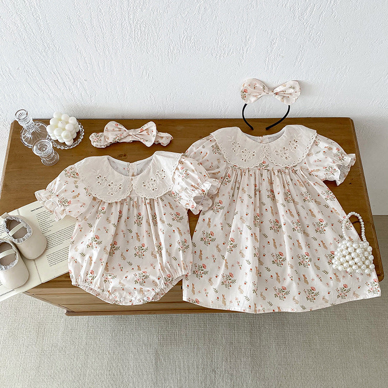 Summer Girls Flowers And Animals Pattern Short Sleeves Hollow Out Collar Onesies And Dress ā Sister Matching Clothing Set-3