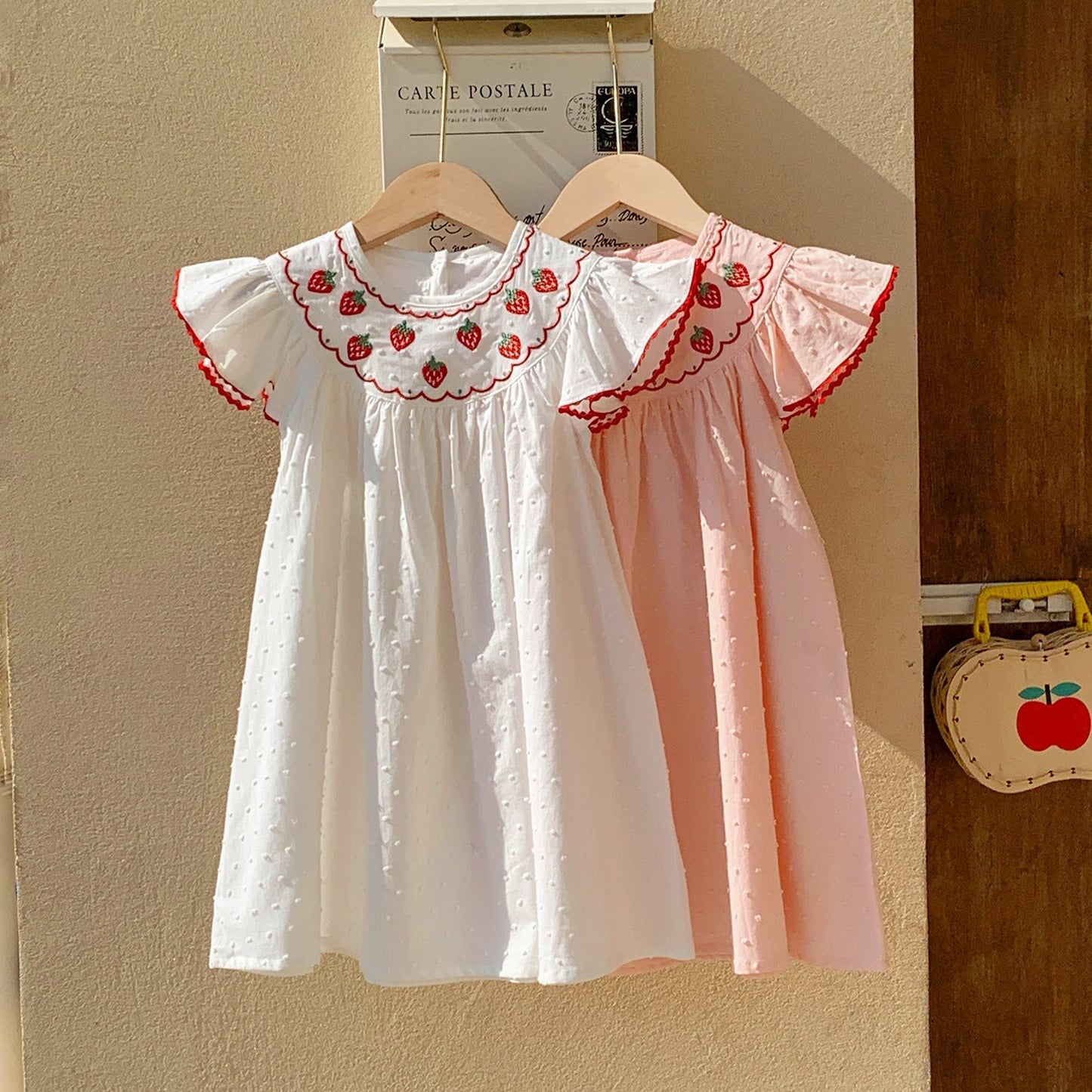 Summer Arrival Baby Kids Girls Cute Fly Sleeves Strawberry Pattern Embroidered Dress-3