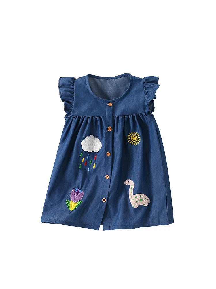 Summer Arrival Embroidered Pattern Fly Sleeves Single Breasted Dress for Stylish Girls-4