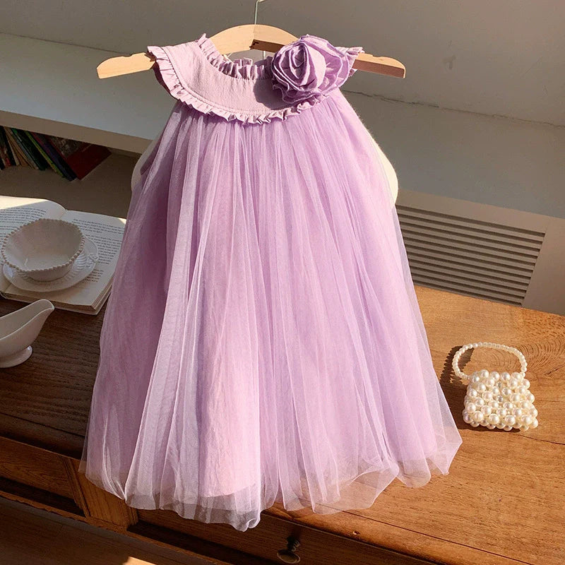 Summer Arrival Sleeveless Solid Color Tulle Dress for Stylish Girls-3