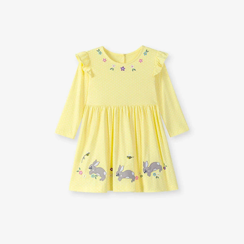 Autumn Arrival Cartoon Rabbits and Flowers Pattern Long Sleeves Crew Neck Dress for Stylish Girls-0