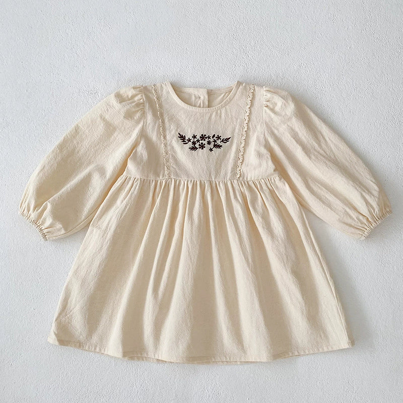 Autumn Baby Girls Northern Europe Style Flowers Embroidered Pattern Long-sleeved Onesies and Dress – Princess Sister Matching Set-4