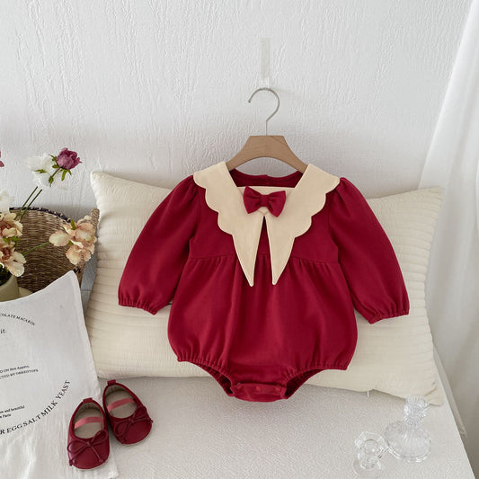 Autumn Arrival Baby Girls Long Sleeves New Style Collar with Butterfly Bow Attached Onesies-0