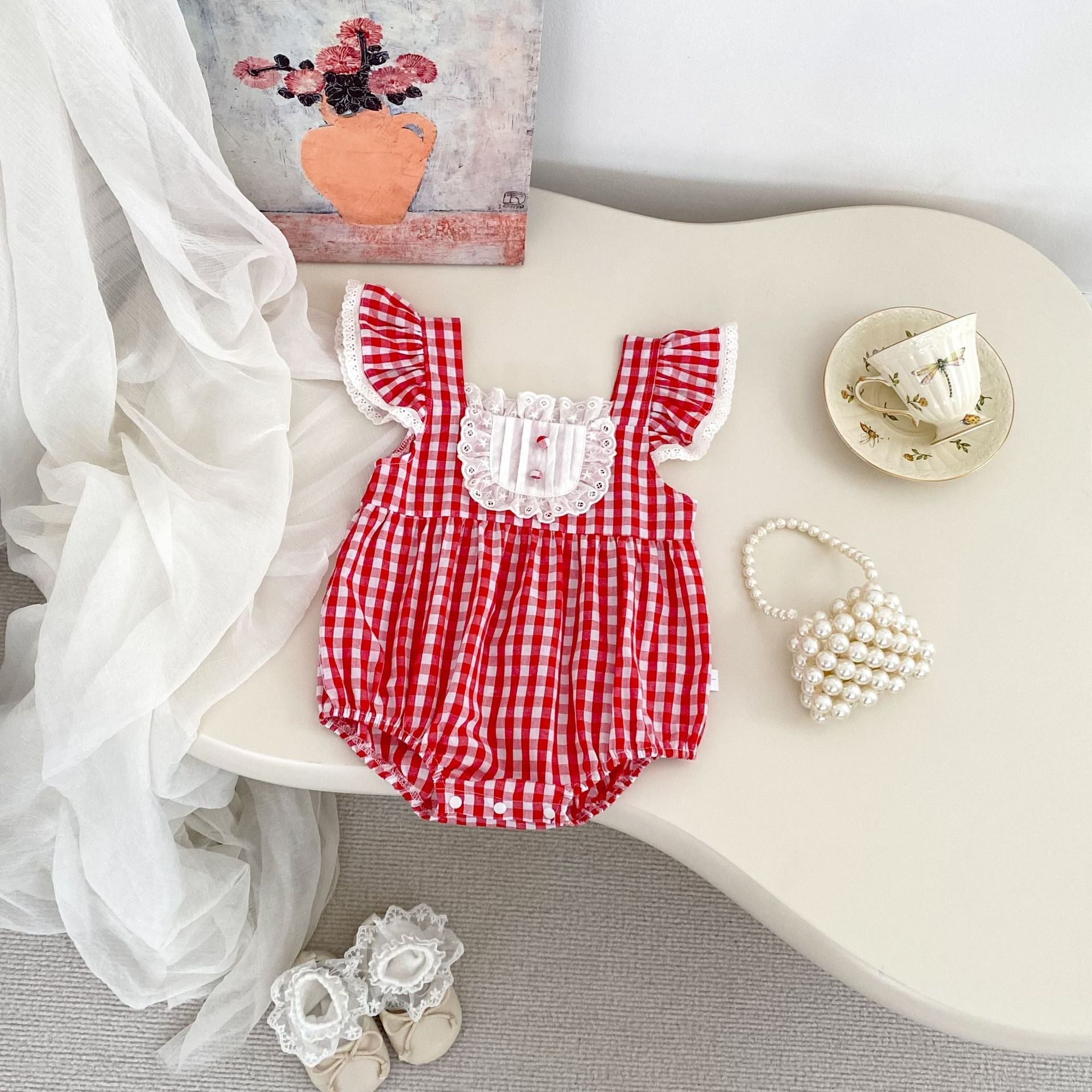 Summer Arrival Baby Girls Fly Sleeves Thin Plaid Pattern Strap Onesies-2