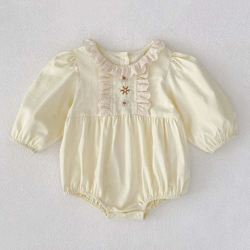 Autumn Baby Girls French Style Flowers Embroidered Pattern Long-sleeved Onesies and Dress – Princess Sister Matching Set-1