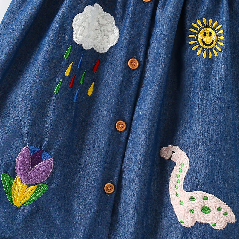 Summer Arrival Embroidered Pattern Fly Sleeves Single Breasted Dress for Stylish Girls-2