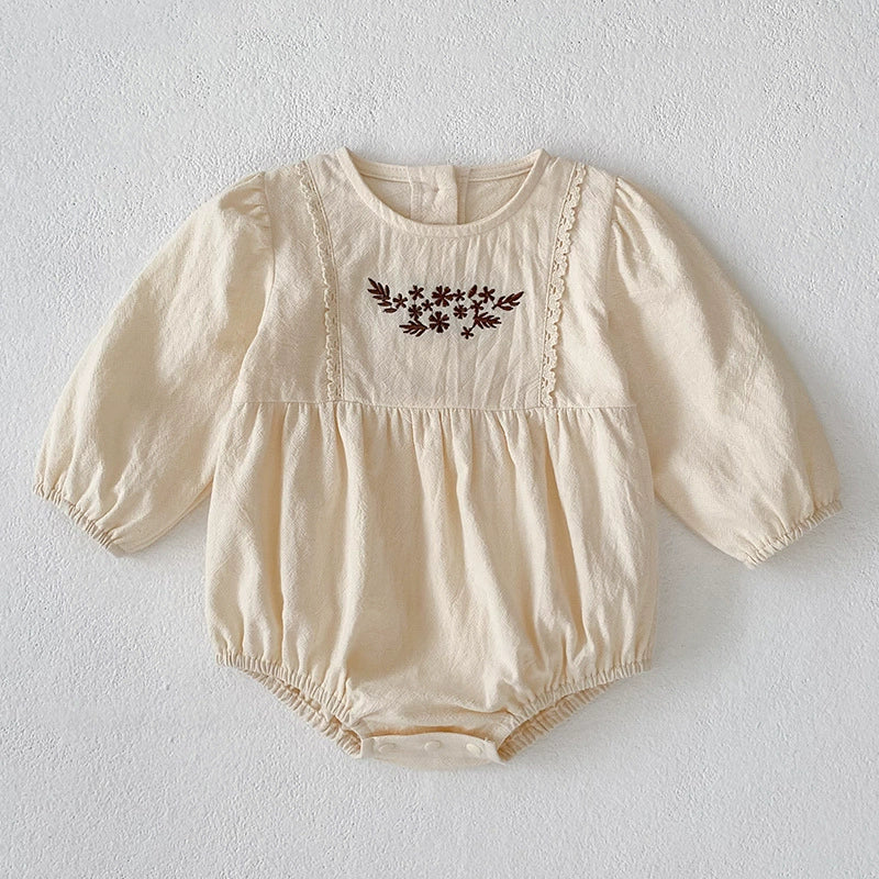 Autumn Baby Girls Northern Europe Style Flowers Embroidered Pattern Long-sleeved Onesies and Dress – Princess Sister Matching Set-1