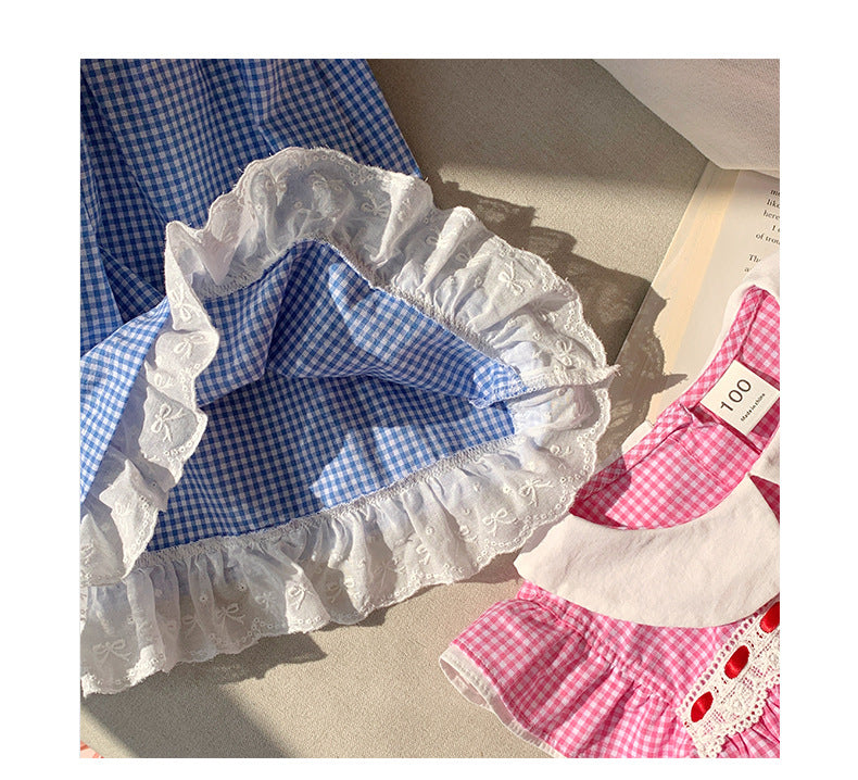 Summer Baby Kids Girls French Fly Sleeves Floral Pattern Embroidered Pattern Plaid Dress-4