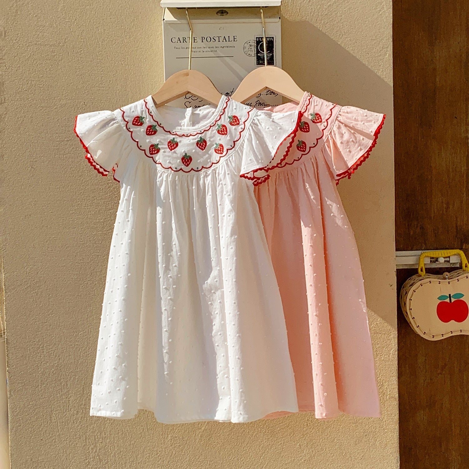 Summer Arrival Baby Kids Girls Cute Fly Sleeves Strawberry Pattern Embroidered Dress-3