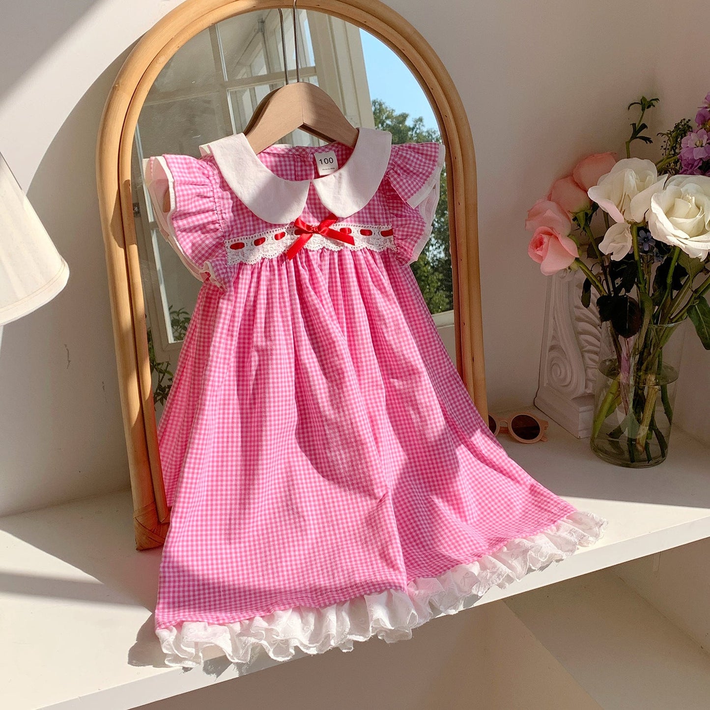 Summer Baby Kids Girls French Fly Sleeves Floral Pattern Embroidered Pattern Plaid Dress-2