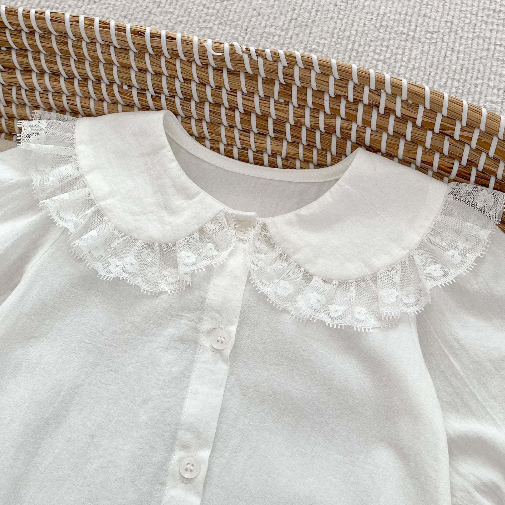Spring Arrival Baby Girls Long Sleeves Floral Embroidered Lace Trim Collar Onesies Bodysuits-1