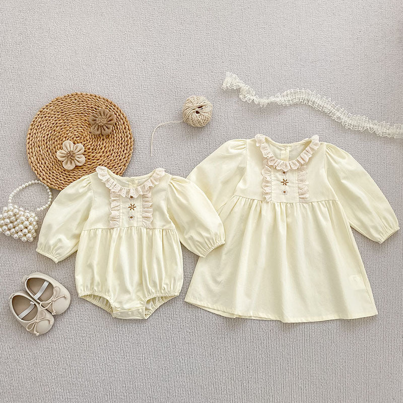 Autumn Baby Girls French Style Flowers Embroidered Pattern Long-sleeved Onesies and Dress – Princess Sister Matching Set-3