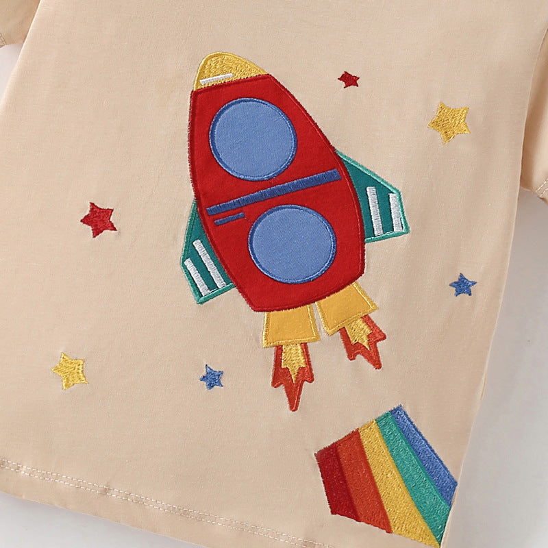 Summer Arrival Boys’ Rocket and Stars Cartoon Pattern T-shirt in European and American Style-2