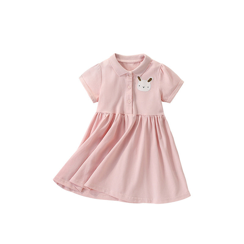 Summer Arrival Cartoon Rabbit Pattern Short Sleeves Turn-down Collar Dress for Stylish Girls-0