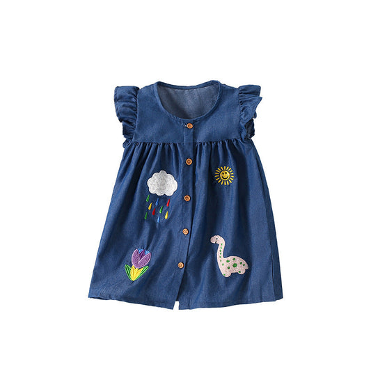 Summer Arrival Embroidered Pattern Fly Sleeves Single Breasted Dress for Stylish Girls-0