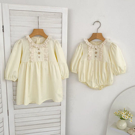 Autumn Baby Girls French Style Flowers Embroidered Pattern Long-sleeved Onesies and Dress – Princess Sister Matching Set-0