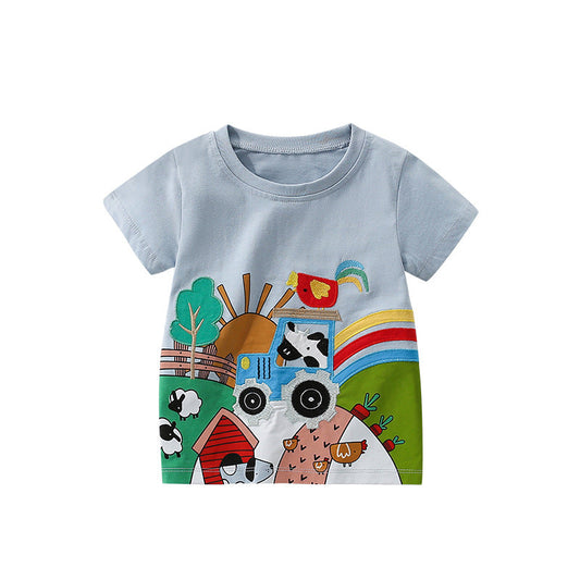 Summer Boys’ Cartoon Animals and Farm Pattern T-shirt in European and American Style-0