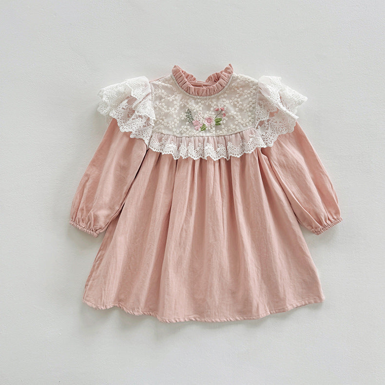 Arrival Autumn Girls Floral Embroidery Pattern Long Sleeves Ruffle Neck Dress-0