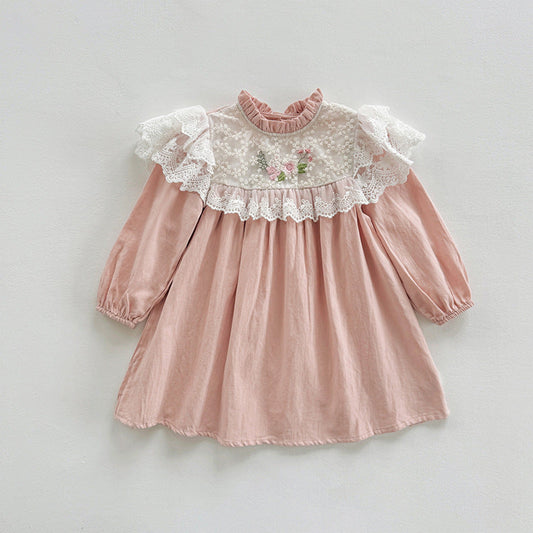 Arrival Autumn Girls Floral Embroidery Pattern Long Sleeves Ruffle Neck Dress-0