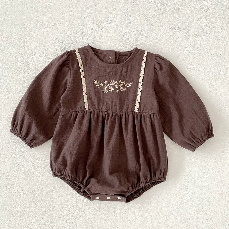 Autumn Baby Girls Northern Europe Style Flowers Embroidered Pattern Long-sleeved Onesies and Dress – Princess Sister Matching Set-3