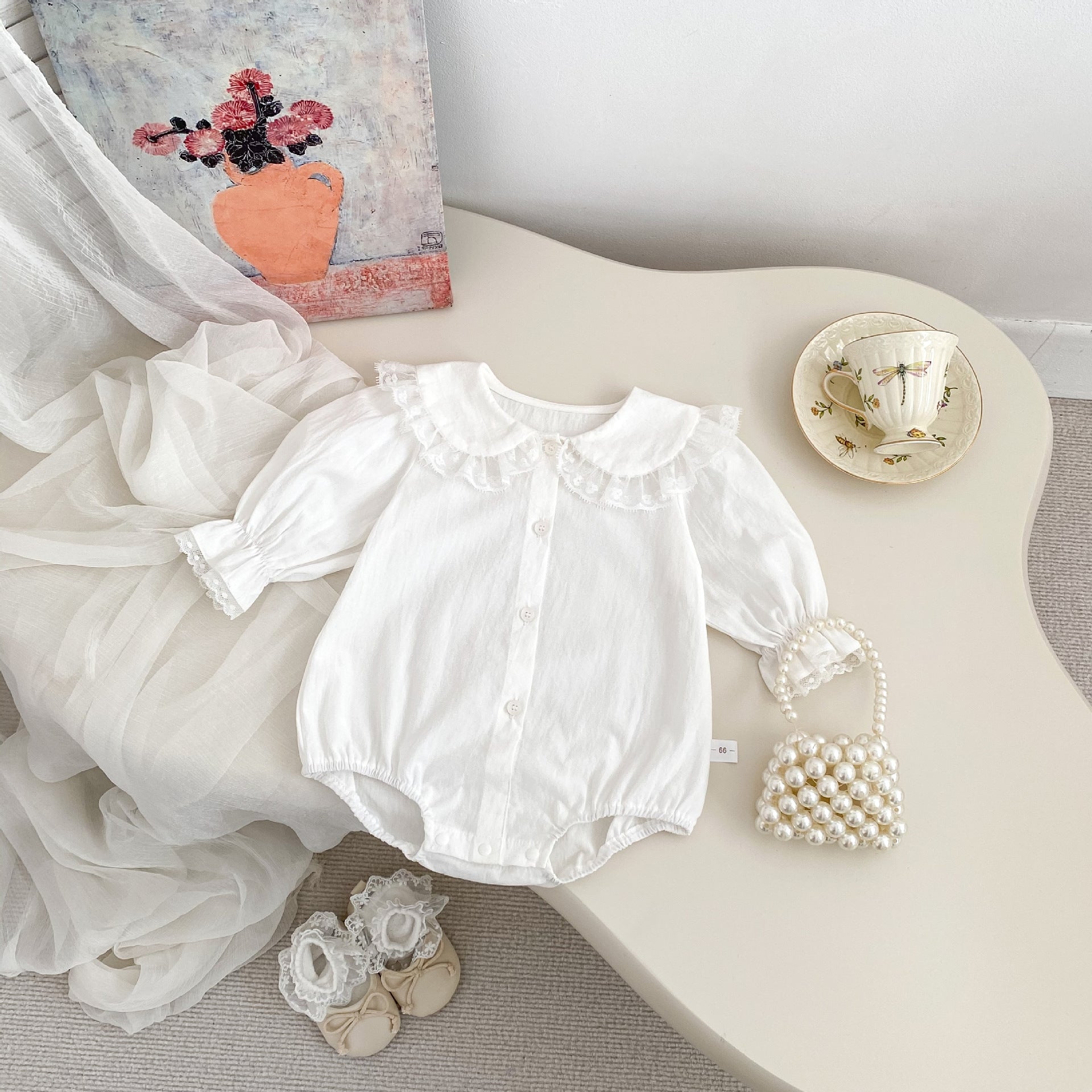 Spring Arrival Baby Girls Long Sleeves Floral Embroidered Lace Trim Collar Onesies Bodysuits-4