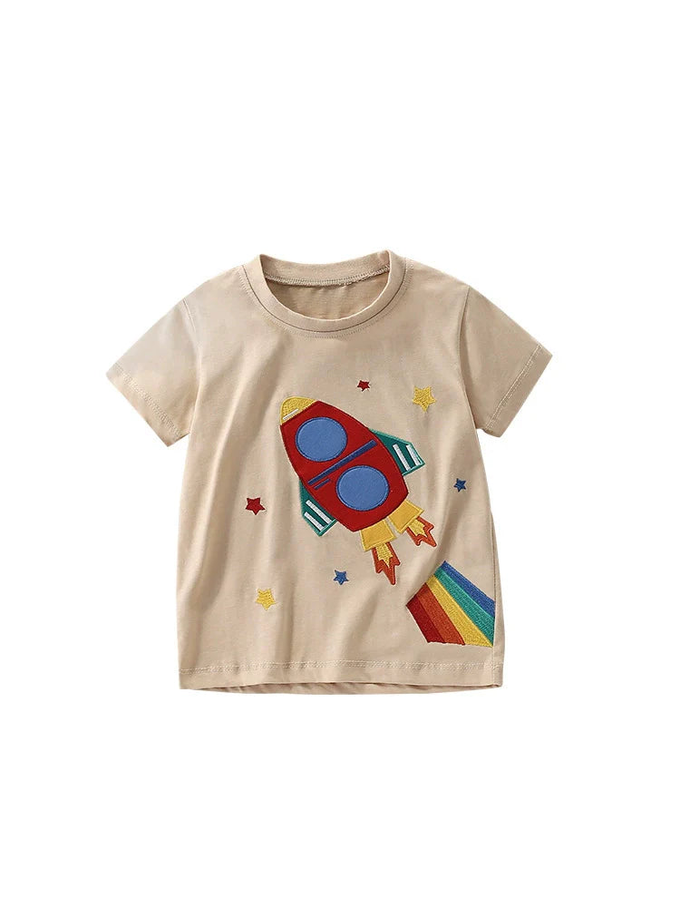 Summer Arrival Boys’ Rocket and Stars Cartoon Pattern T-shirt in European and American Style-4