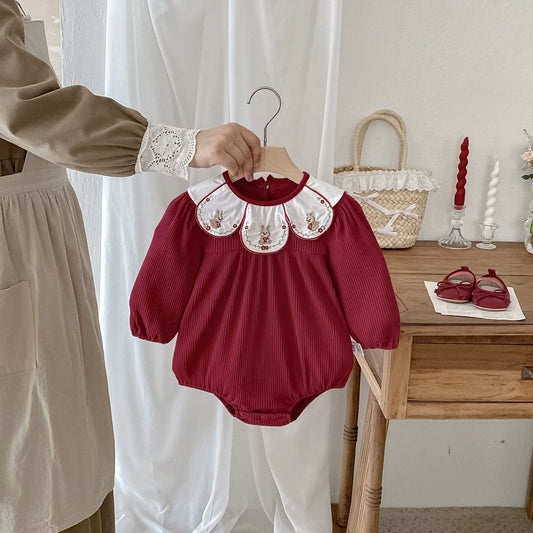 Autumn Hot Selling Baby Girls Red Long Sleeves Onesies Bodysuits with Rabbit and Flowers Embroidered Collar-0