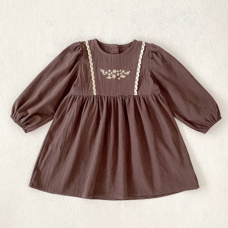 Autumn Baby Girls Northern Europe Style Flowers Embroidered Pattern Long-sleeved Onesies and Dress – Princess Sister Matching Set-2