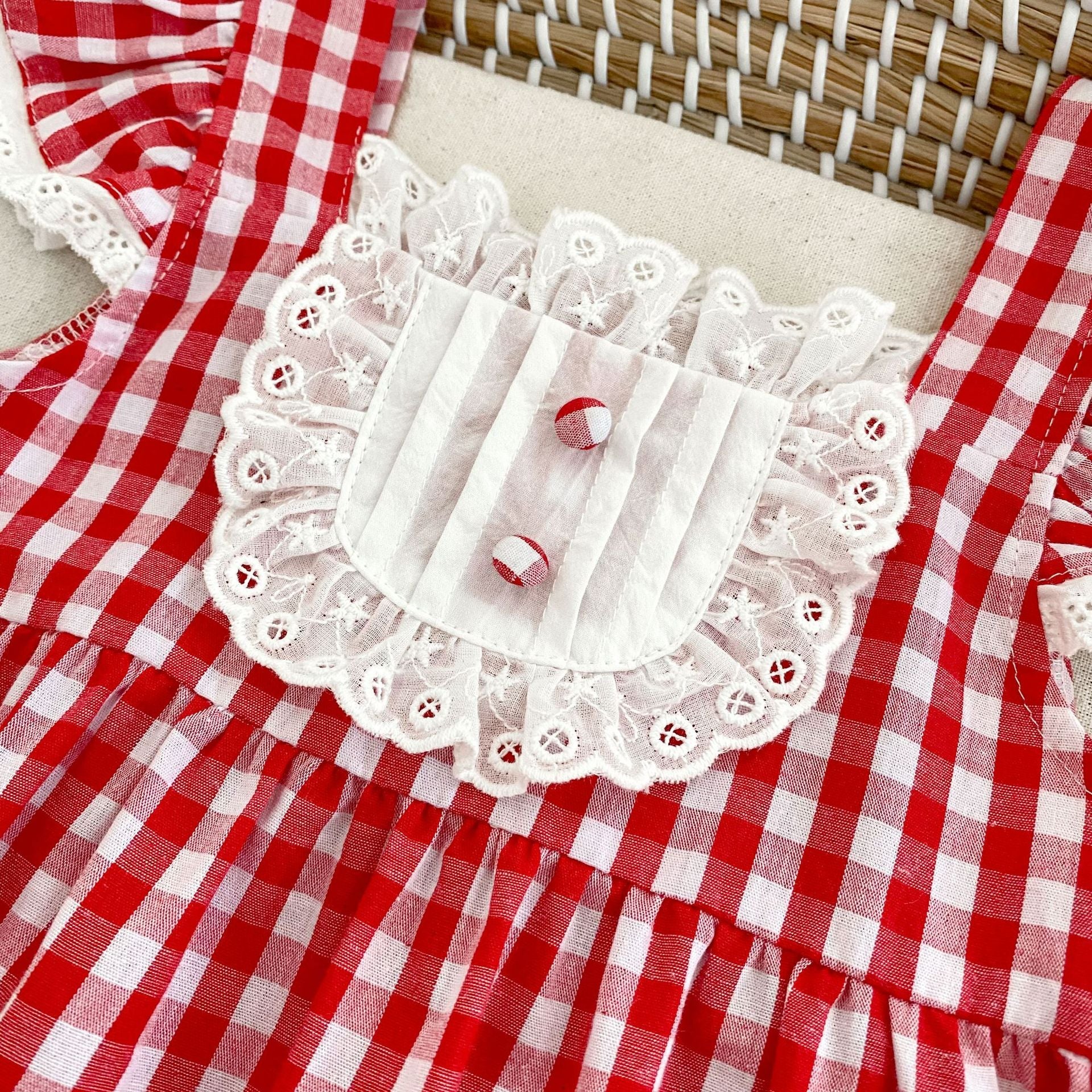 Summer Arrival Baby Girls Fly Sleeves Thin Plaid Pattern Strap Onesies-3