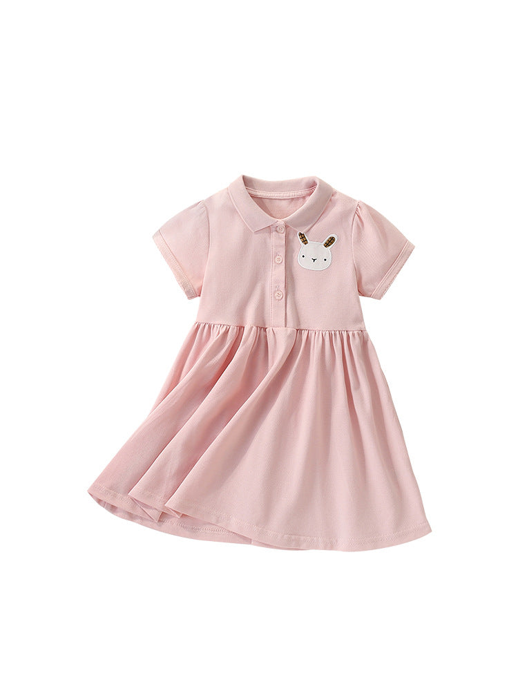 Summer Arrival Cartoon Rabbit Pattern Short Sleeves Turn-down Collar Dress for Stylish Girls-4