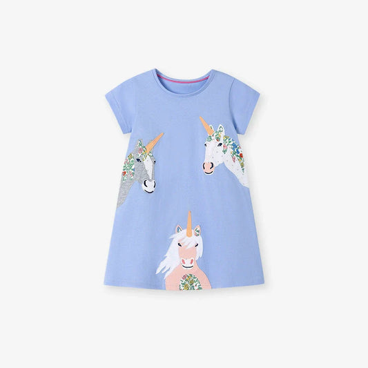 Summer Arrival Unicorn Cartoon Pattern Short Sleeves Dress for Stylish Girls-0