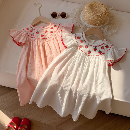 Summer Arrival Baby Kids Girls Cute Fly Sleeves Strawberry Pattern Embroidered Dress-0