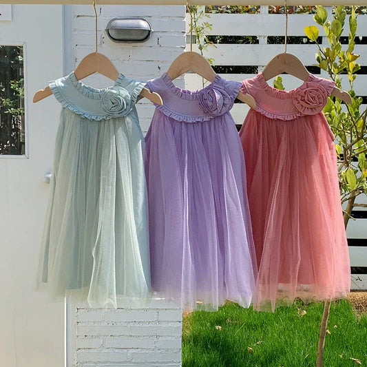 Summer Arrival Sleeveless Solid Color Tulle Dress for Stylish Girls-0