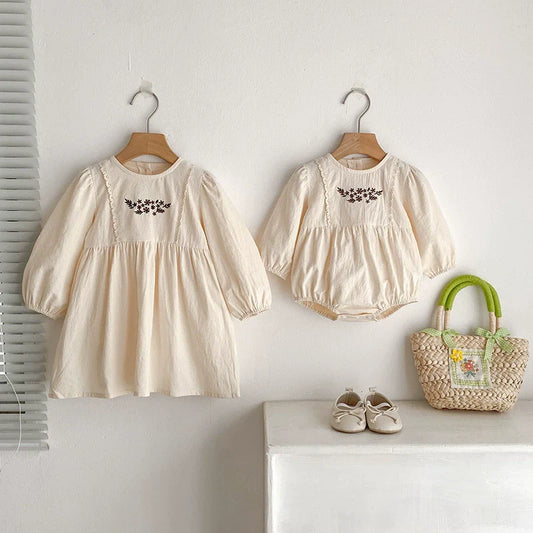 Autumn Baby Girls Northern Europe Style Flowers Embroidered Pattern Long-sleeved Onesies and Dress – Princess Sister Matching Set-0