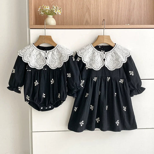 Autumn Baby Girls Floral Embroidery Pattern Long-sleeved Onesies and Dress – Princess Sister Matching Set-0