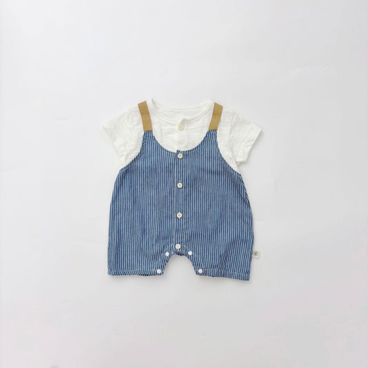 Summer Arrival Baby Boys Short Sleeves Cute Striped Overalls Pattern Rompers-0