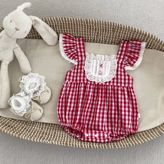 Summer Arrival Baby Girls Fly Sleeves Thin Plaid Pattern Strap Onesies-0